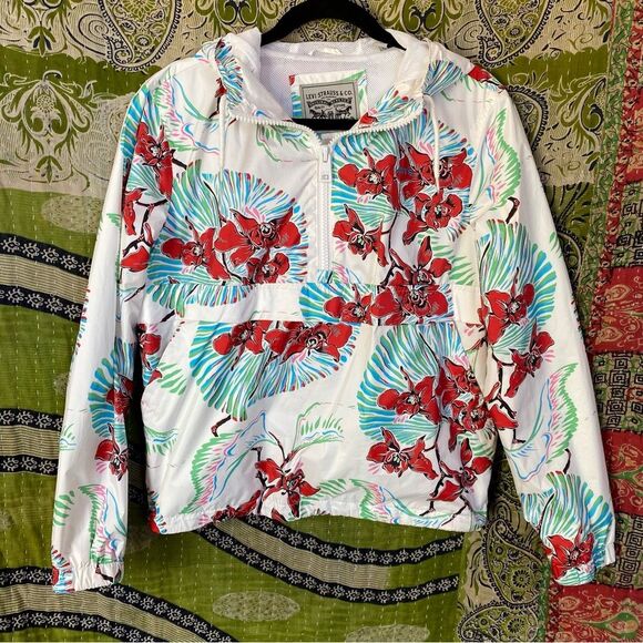 Like New Levi's White Tropical Retro Windbreaker Hooded Jacket Size Medium - Picture 2 of 16